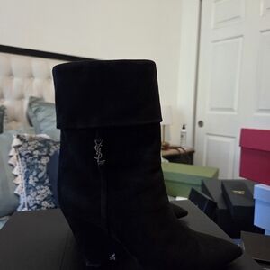 Black Suede Fold-Top Ankle Boots - Designer Logo Accent
